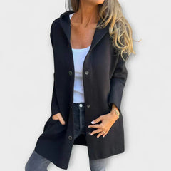 Black women’s casual button-front blazer-jacket with notch lapel and long sleeves