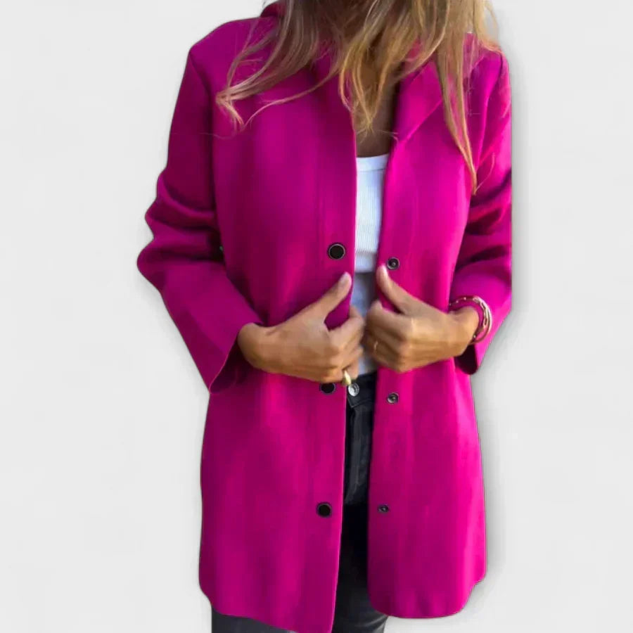 Purple women’s casual button-front blazer-jacket with notch lapel and long sleeves