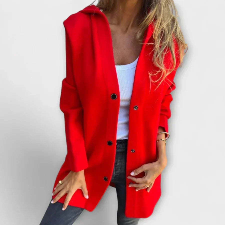 Red women’s casual button-front blazer-jacket with notch lapel and long sleeves