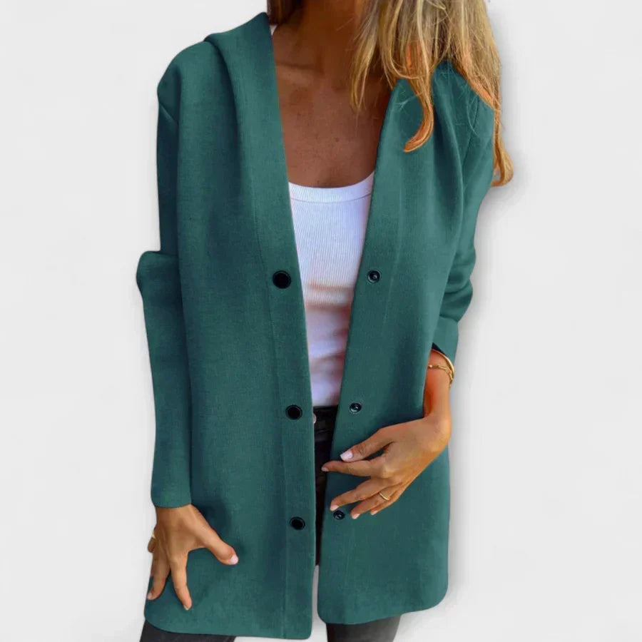 Green women’s casual button-front blazer-jacket with notch lapel and long sleeves