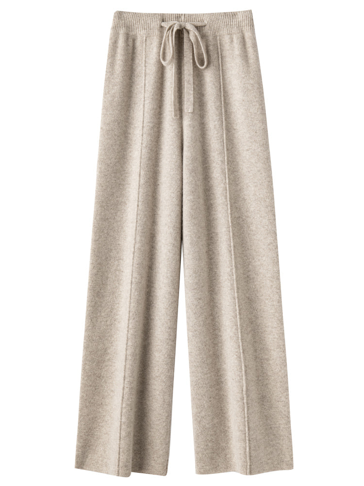 Pantaloni lounge in cashmere beige con coulisse e orlo ampio, pantaloni comodi