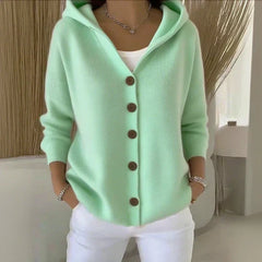 Mint green hooded button-up knit cardigan with dark buttons, long sleeves