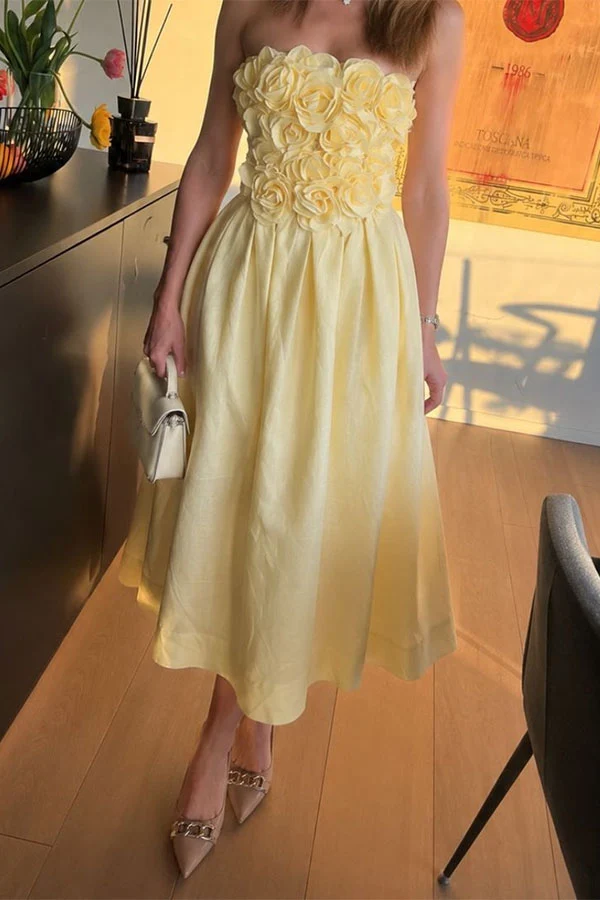 3D Rosette Strapless Midi Dress