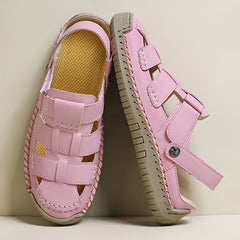 Sandali Comfort regolabili rosa vista laterale con fibbie a strappo e suola beige