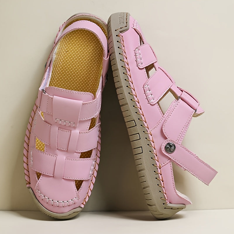 Sandali Comfort regolabili rosa vista laterale con fibbie a strappo e suola beige