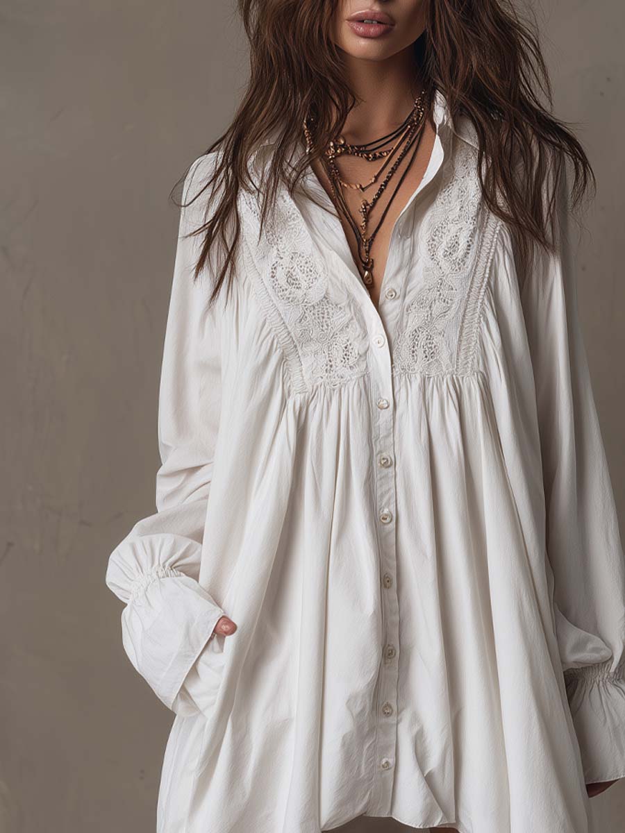 White lace mini shirt dress with V-neck, embroidered yoke, button front, long sleeves