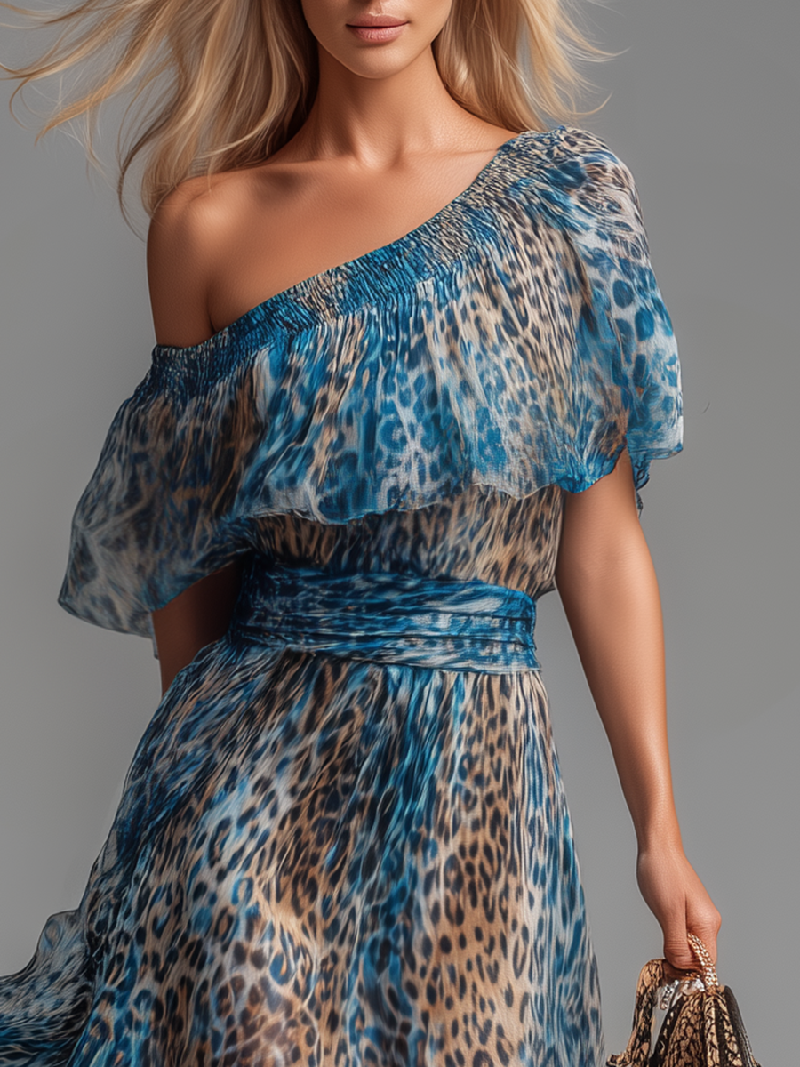 Blue leopard-print chiffon off-shoulder dress with ruched bodice and elastic waist