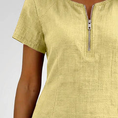 Abito in cotone giallo: zip centrale frontale e maniche corte