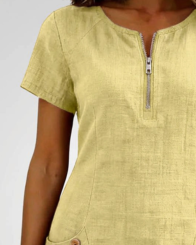 Abito in cotone giallo: zip centrale frontale e maniche corte