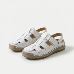 Sandali Comfort regolabili in pelle bianco con fibbie a strappo e suola ammortizzata beige