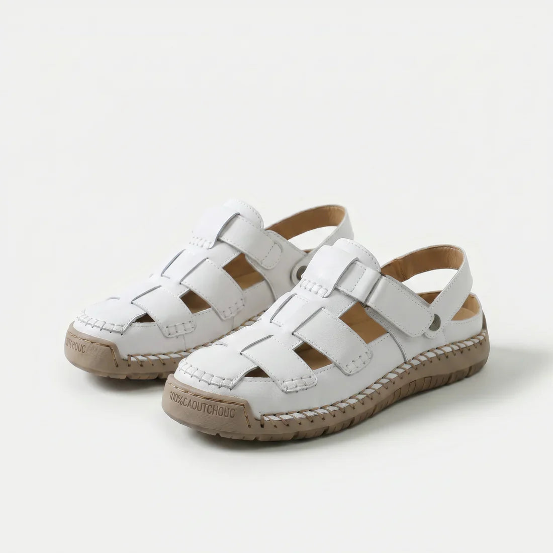 Sandali Comfort regolabili in pelle bianco con fibbie a strappo e suola ammortizzata beige
