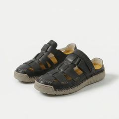 Sandali Comfort regolabili in pelle nera con fibbie a strappo e suola ammortizzata beige