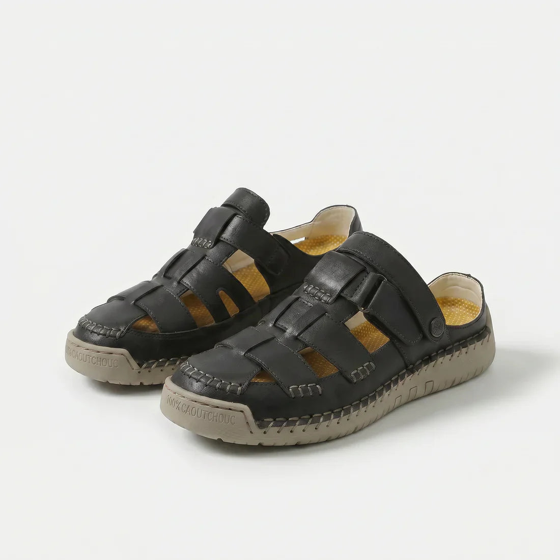 Sandali Comfort regolabili in pelle nera con fibbie a strappo e suola ammortizzata beige