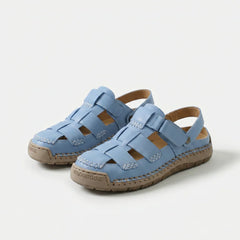 Sandali Comfort regolabili in pelle azzurro con fibbie a strappo e suola ammortizzata beige