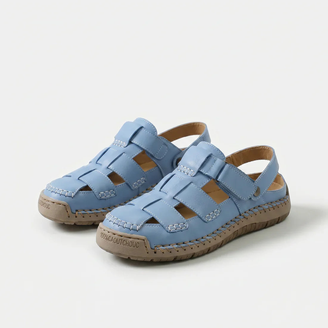 Sandali Comfort regolabili in pelle azzurro con fibbie a strappo e suola ammortizzata beige