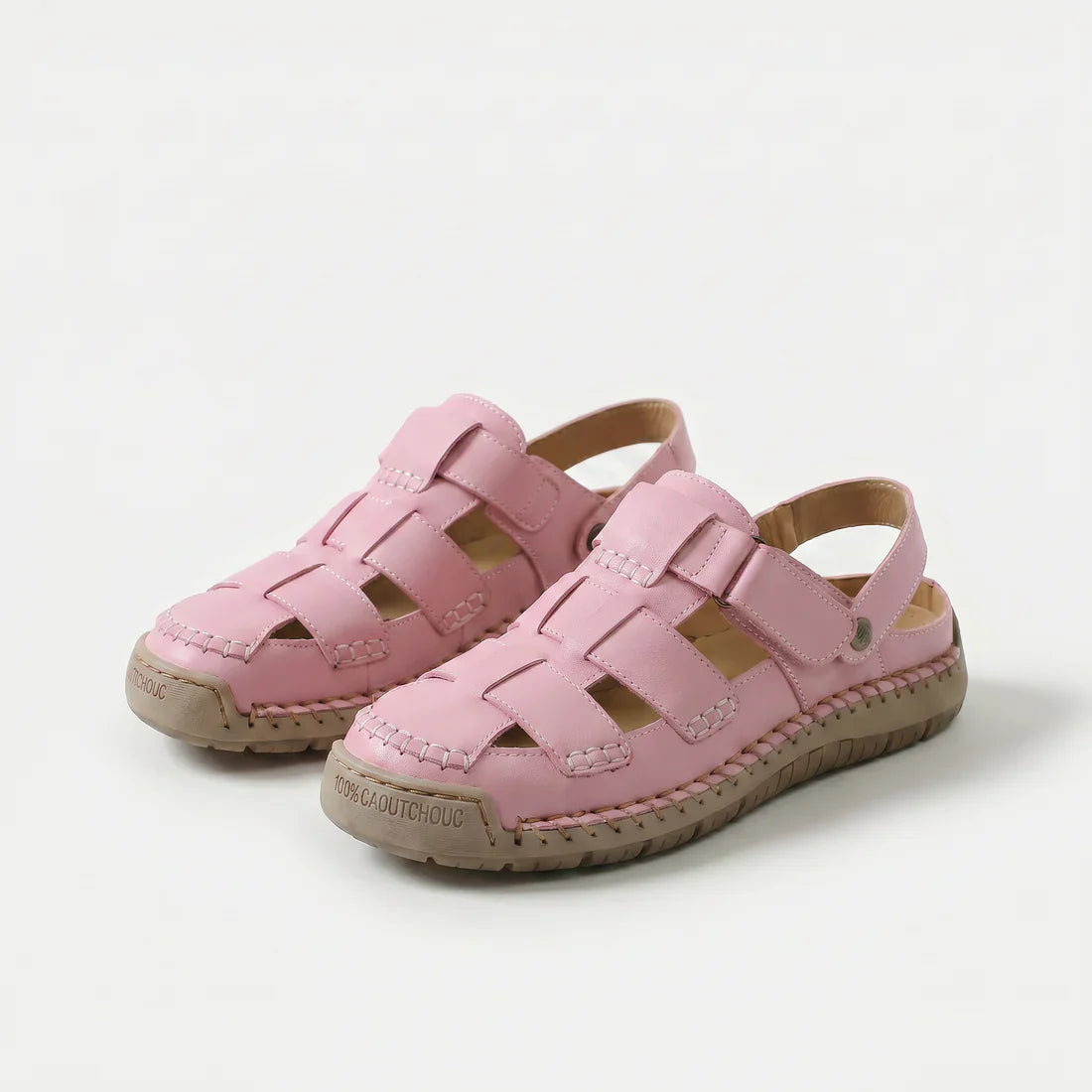 Sandali Comfort regolabili in pelle rosa con fibbie a strappo e suola ammortizzata beige