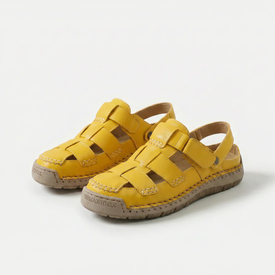 Sandali Comfort regolabili in pelle giallo con fibbie a strappo e suola ammortizzata beige