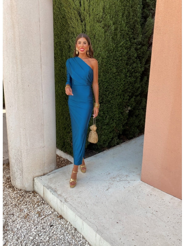 Royal blue one-shoulder draped midi dress, fitted through hips with gathered detail
