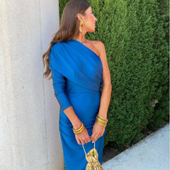 Royal blue one-shoulder draped midi dress with ruching and long draped neckline