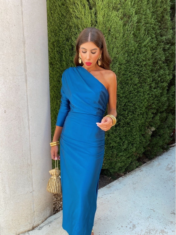 Royal blue one-shoulder draped midi dress with side ruching and fitted silhouette