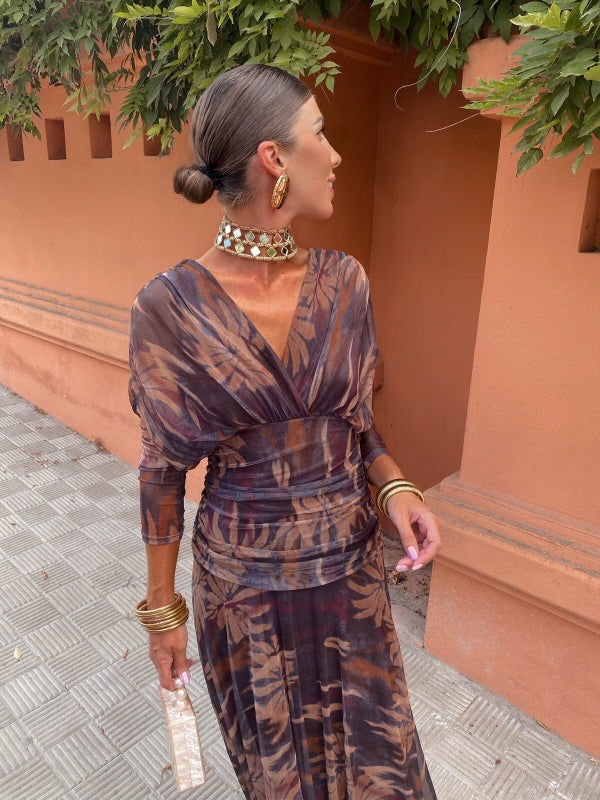 Leaf-print wrap maxi dress in dark tones with V-neck and ruched waist detail