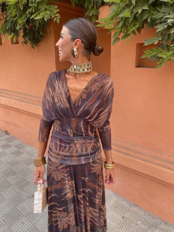 Leaf-print wrap maxi dress with long sleeves, V-neck, and belted ruched center