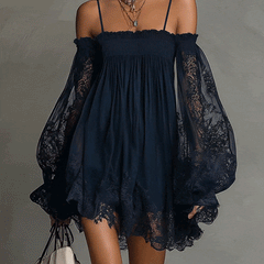 Navy off-shoulder mini dress with lace sleeves and gathered, flared skirt