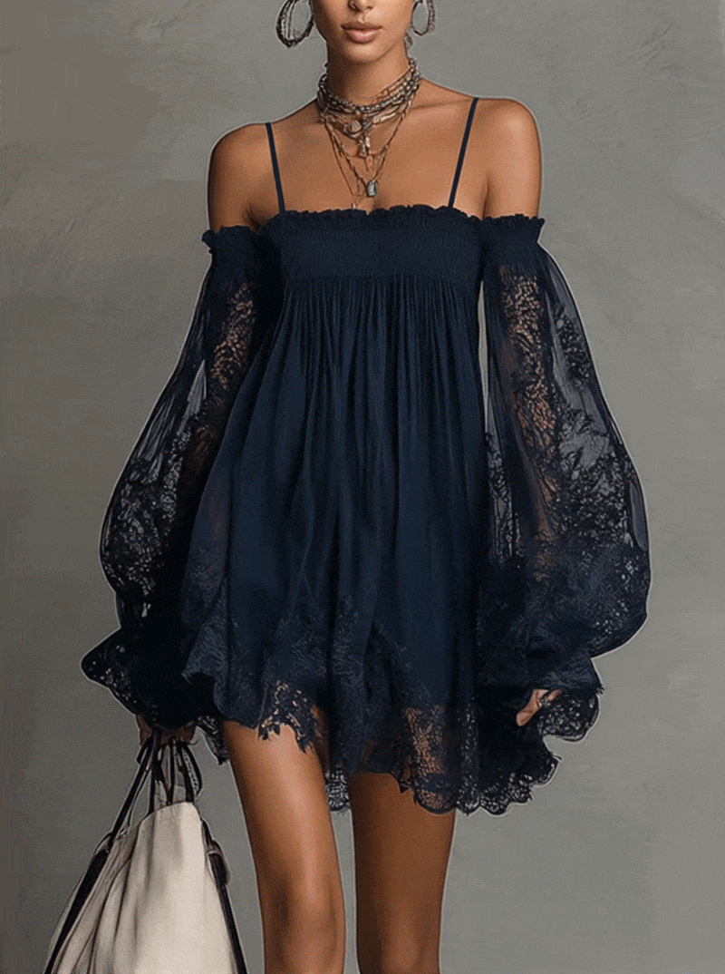 Navy off-shoulder mini dress with lace sleeves and gathered, flared skirt