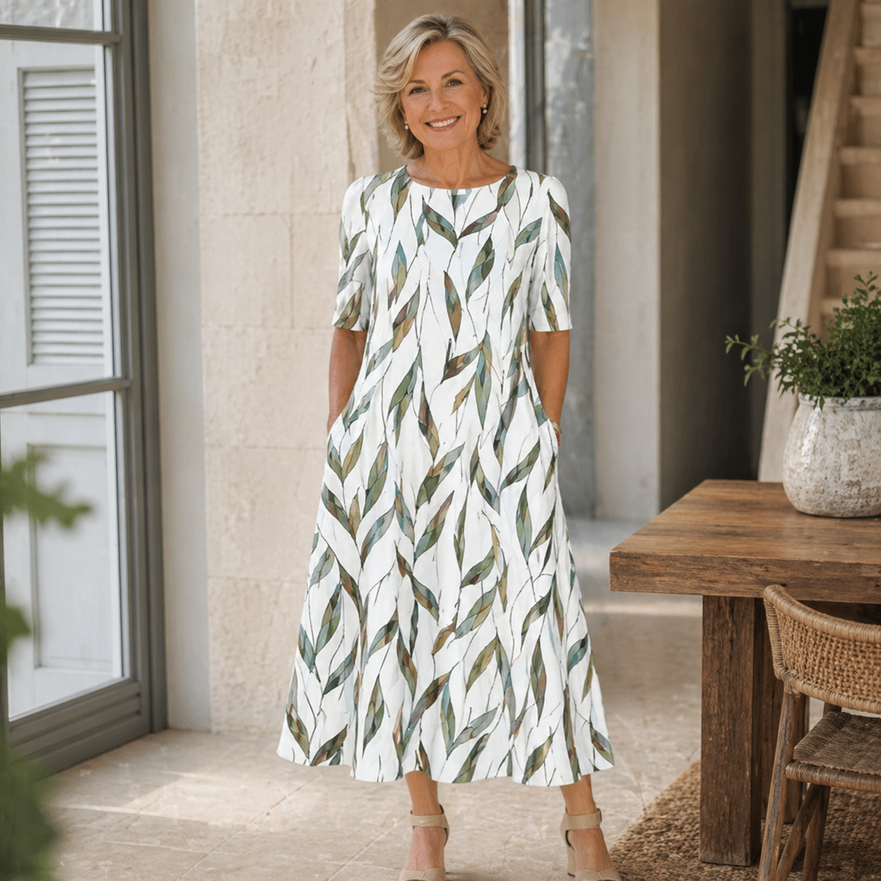 Floral midi dress in white with green leaf pattern, short sleeves