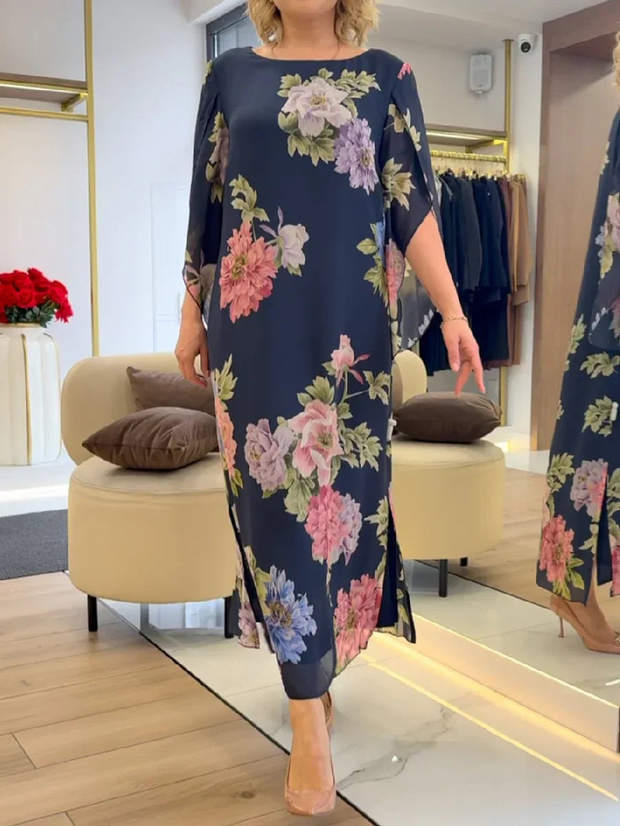 Abito maxi chiffon blu scuro a fiori multicolore, maniche ampie, lunghezza al polpaccio