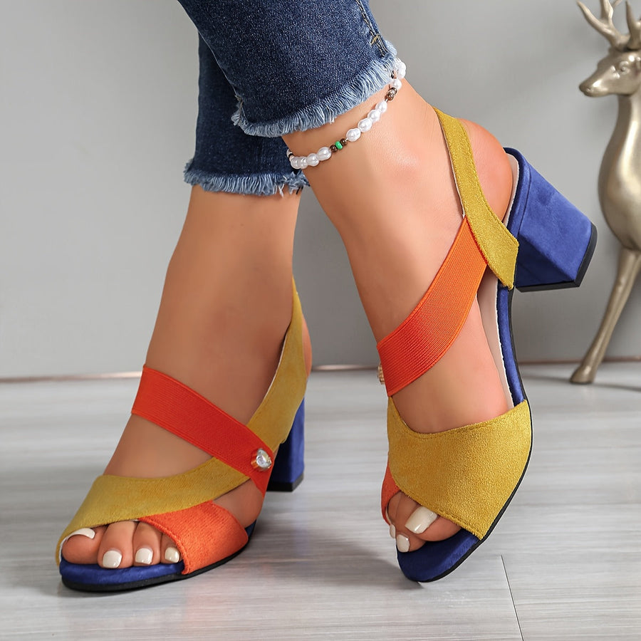 Color-block block-heel sandals with orange, yellow, and blue suede straps and stud