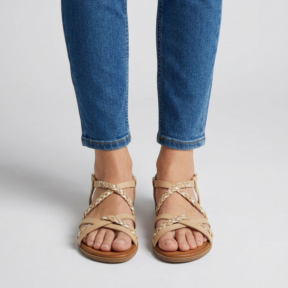 Ciabatte comode da donna beige con cinturini intrecciati e suola in cuoio