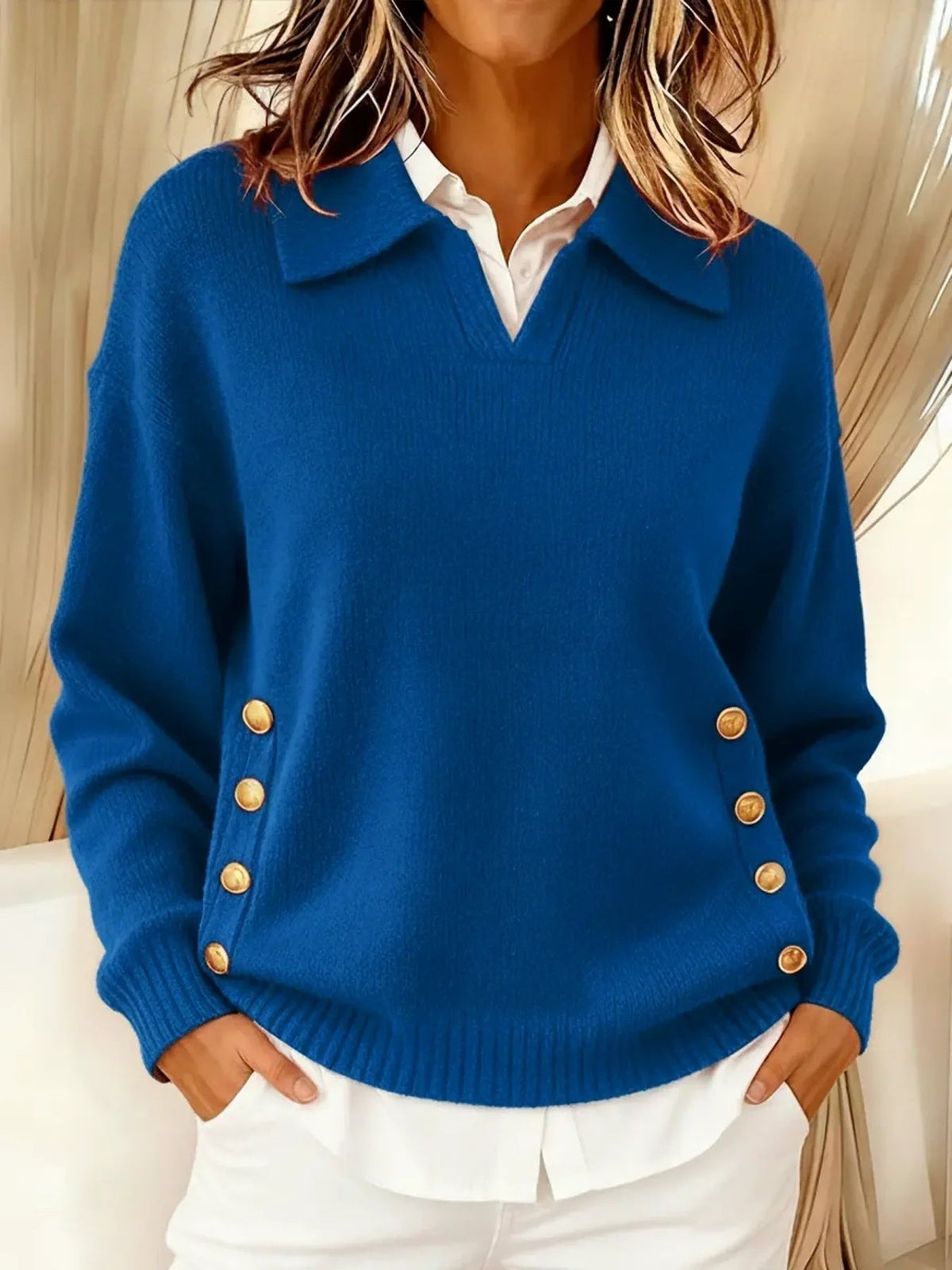 VYNETTE v-neck knit sweater with collar, gold button placket sleeves, blue