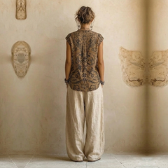 Completo elegante: tunica stampata sul retro e pantaloni ampi crema, vista posteriore