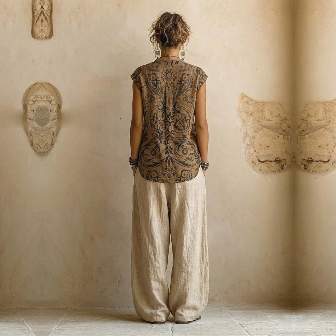 Completo elegante: tunica stampata sul retro e pantaloni ampi crema, vista posteriore