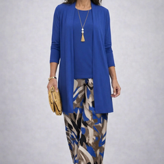 Royal blue three-piece trouser suit set: long cardigan and abstract printed trousers