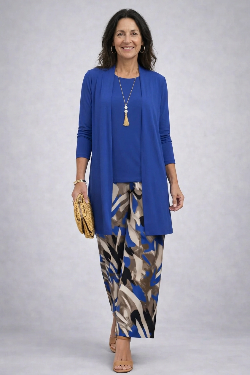 Royal blue three-piece trouser suit set: long cardigan and abstract printed trousers