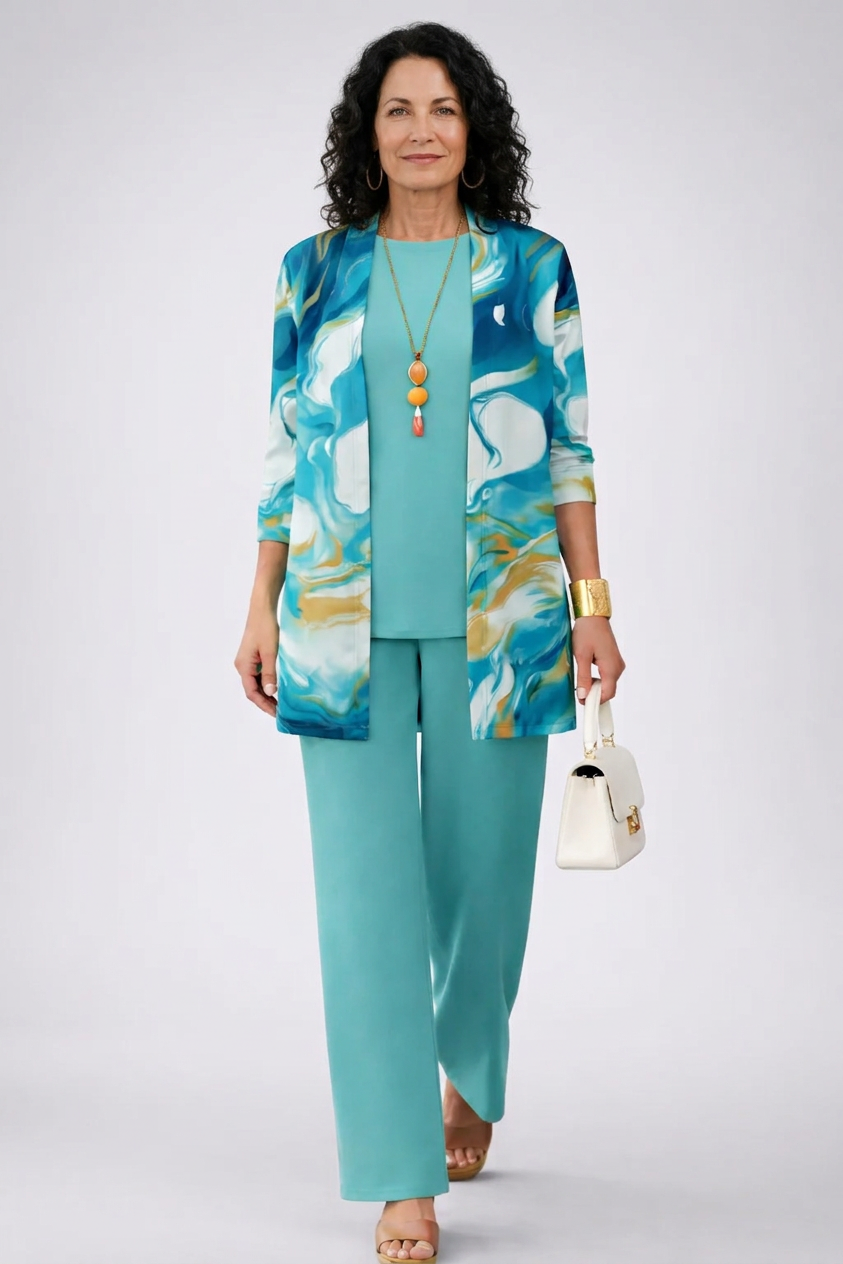 Three-piece trouser set with turquoise pants and blue patterned jacket