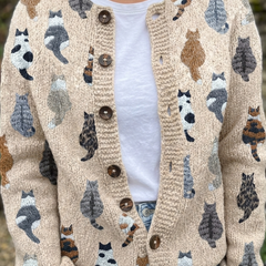 Beige cat print cardigan with button-front and long sleeves
