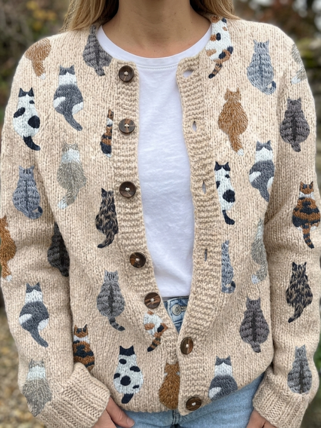 Beige cat print cardigan with button-front and long sleeves