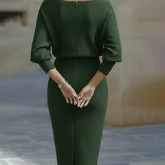 Abito midi elegante verde scuro, maniche a tre quarti, zip sul retro