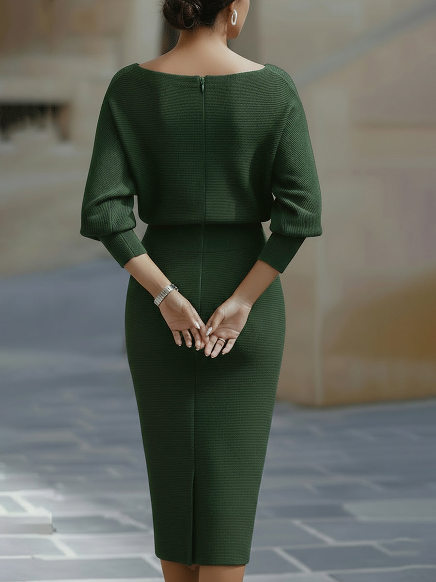 Abito midi elegante verde scuro, maniche a tre quarti, zip sul retro