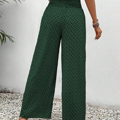 Green patterned wide-leg trousers with shirred waistband