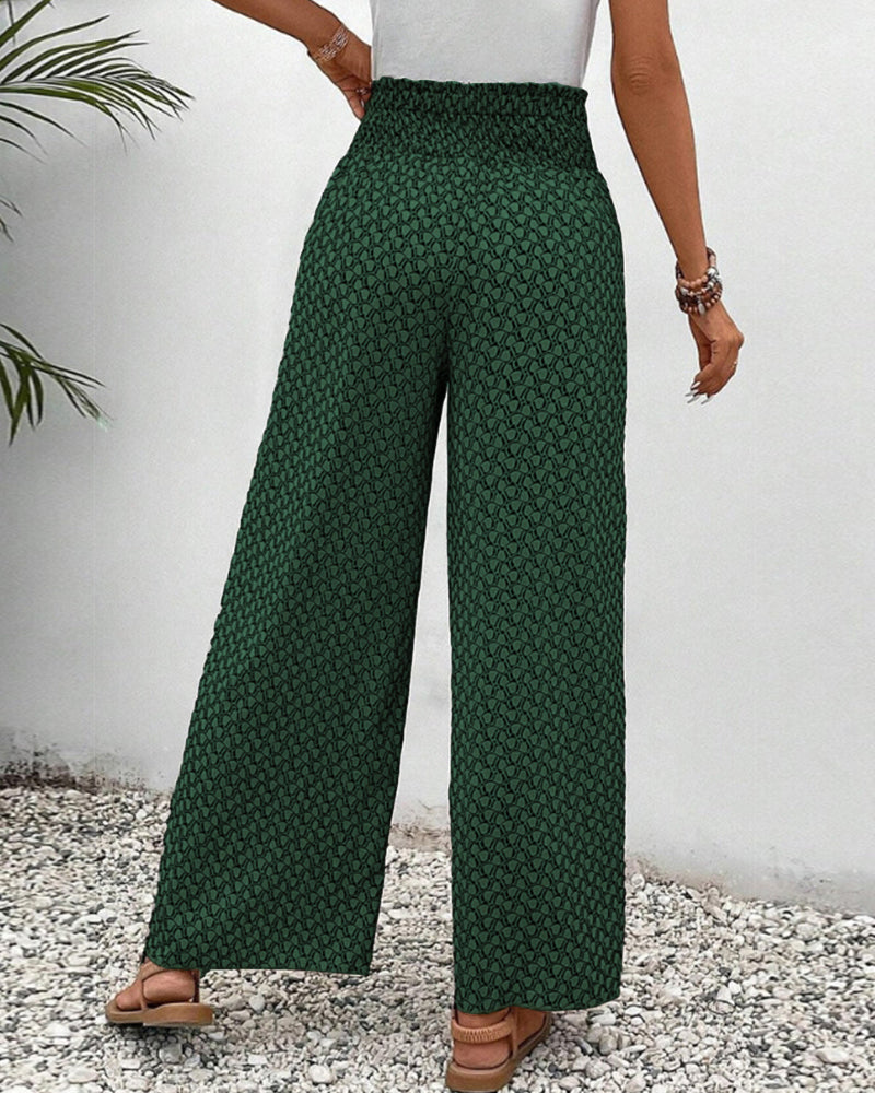 Green patterned wide-leg trousers with shirred waistband