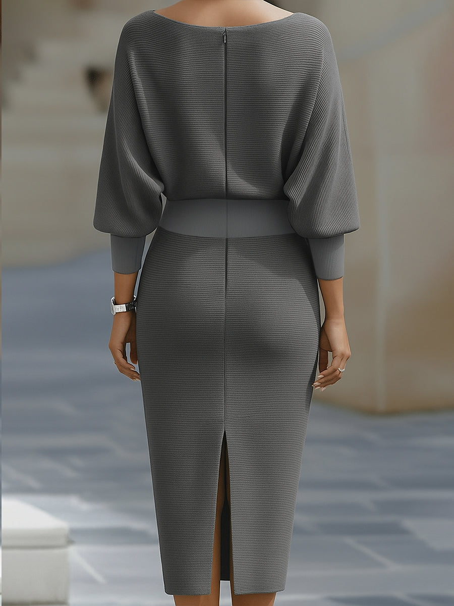 Abito midi elegante grigio, zip posteriore, maniche a tre quarti, taglio longuette