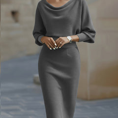 Abito midi elegante grigio, scollo rotondo, maniche a tre quarti, gonna longuette