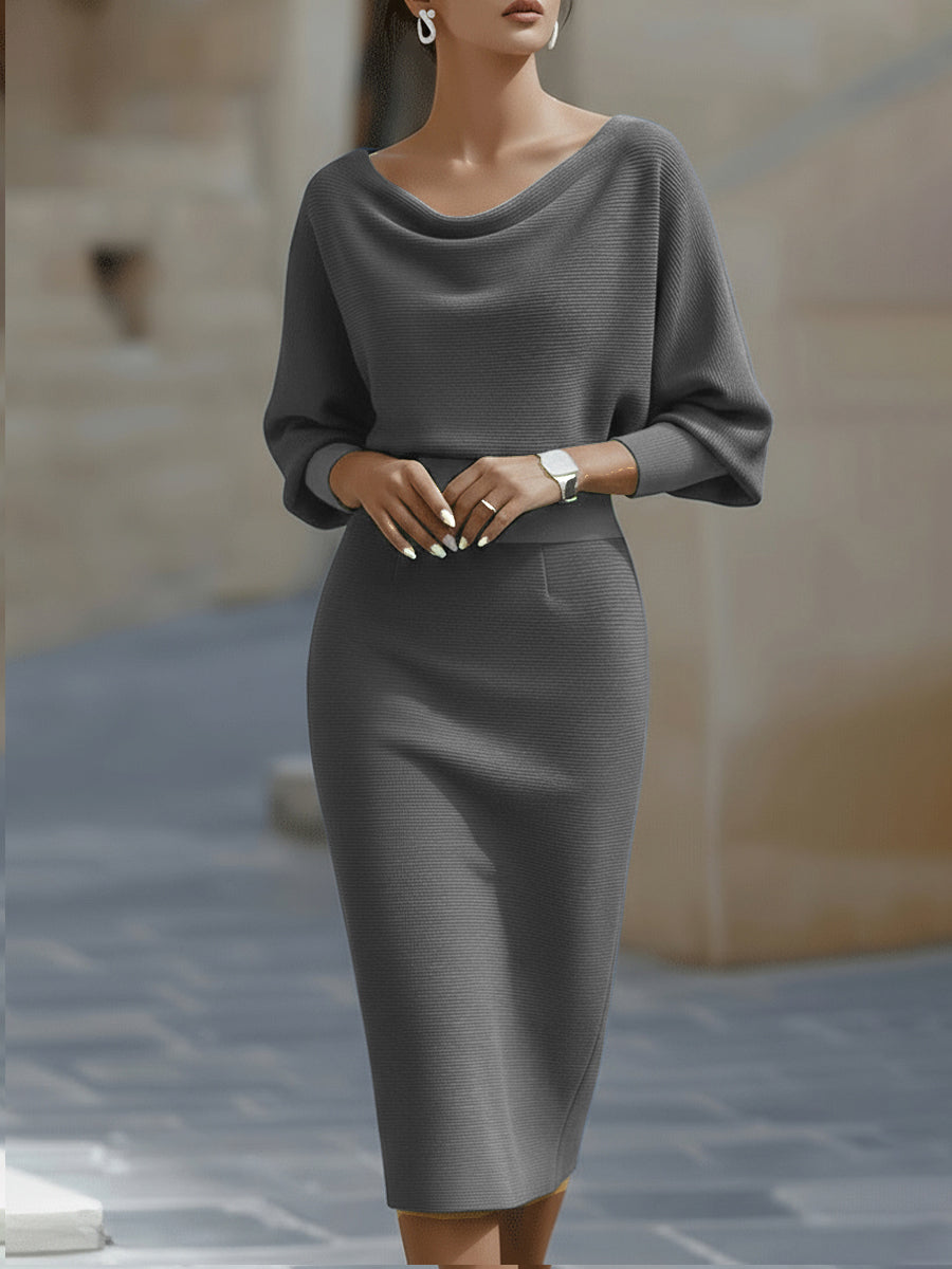 Abito midi elegante grigio, scollo rotondo, maniche a tre quarti, gonna longuette