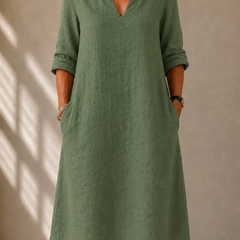 Green relaxed V-neck midi dress with three-quarter sleeves and loose fit