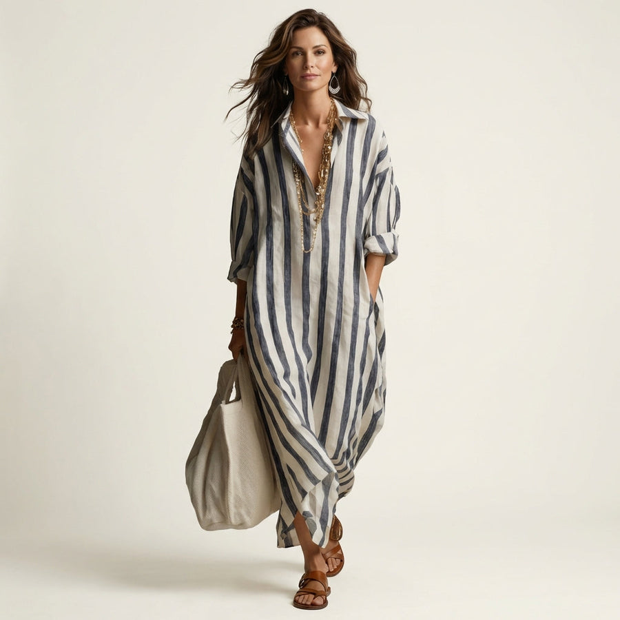 Blue and white striped maxi dress with V-neck, half sleeves, side slits