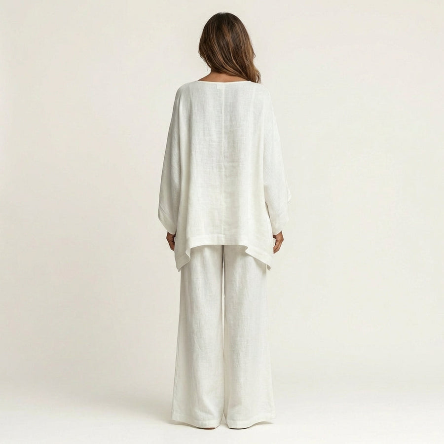 White linen-blend boho tunic and wide-leg pants set, back view, loose fit